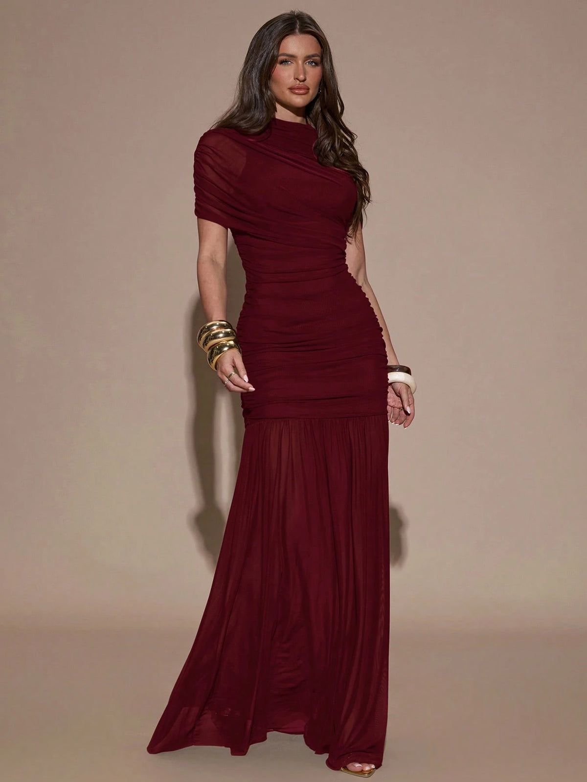 BAE Elegant Ruched Skirt Bodycon Dress, Suitable For Cocktail Party, Date, Autumn/Winter Layering, Formal Gathering Burgundy Women