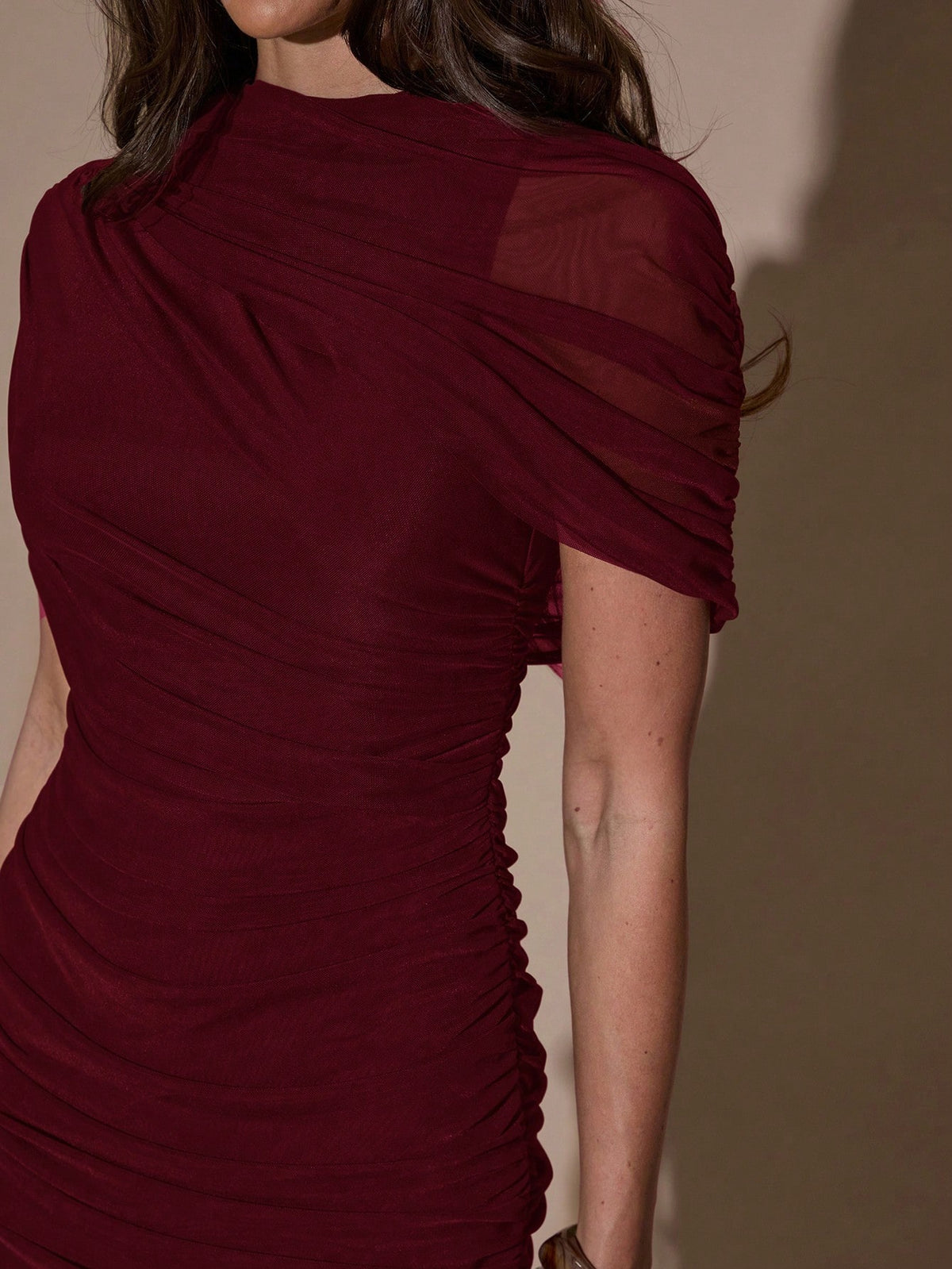 BAE Elegant Ruched Skirt Bodycon Dress, Suitable For Cocktail Party, Date, Autumn/Winter Layering, Formal Gathering Burgundy Women