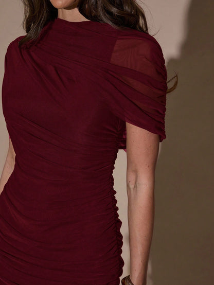 BAE Elegant Ruched Skirt Bodycon Dress, Suitable For Cocktail Party, Date, Autumn/Winter Layering, Formal Gathering Burgundy Women