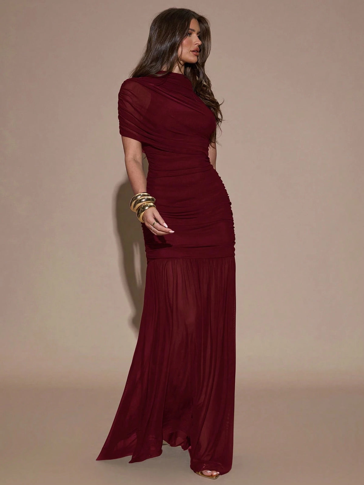 BAE Elegant Ruched Skirt Bodycon Dress, Suitable For Cocktail Party, Date, Autumn/Winter Layering, Formal Gathering Burgundy Women