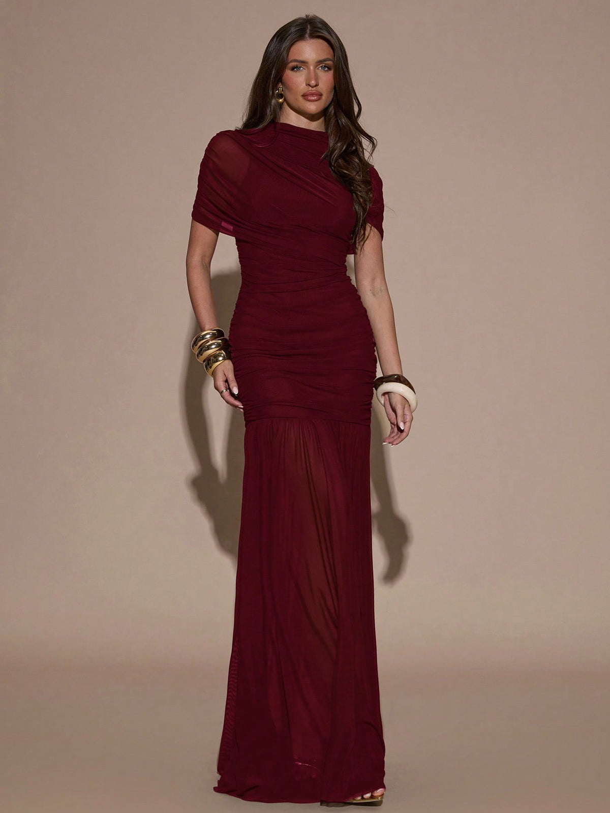 BAE Elegant Ruched Skirt Bodycon Dress, Suitable For Cocktail Party, Date, Autumn/Winter Layering, Formal Gathering Burgundy Women