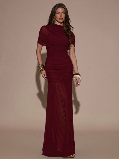 BAE Elegant Ruched Skirt Bodycon Dress, Suitable For Cocktail Party, Date, Autumn/Winter Layering, Formal Gathering Burgundy Women