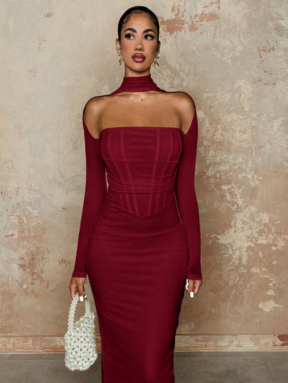 BAE Fishbone Design Long Sleeve White Dress, Elegant Bandeau Dress, Autumn Women Outfit,Valentine's Day,Valentine Outfits For Women