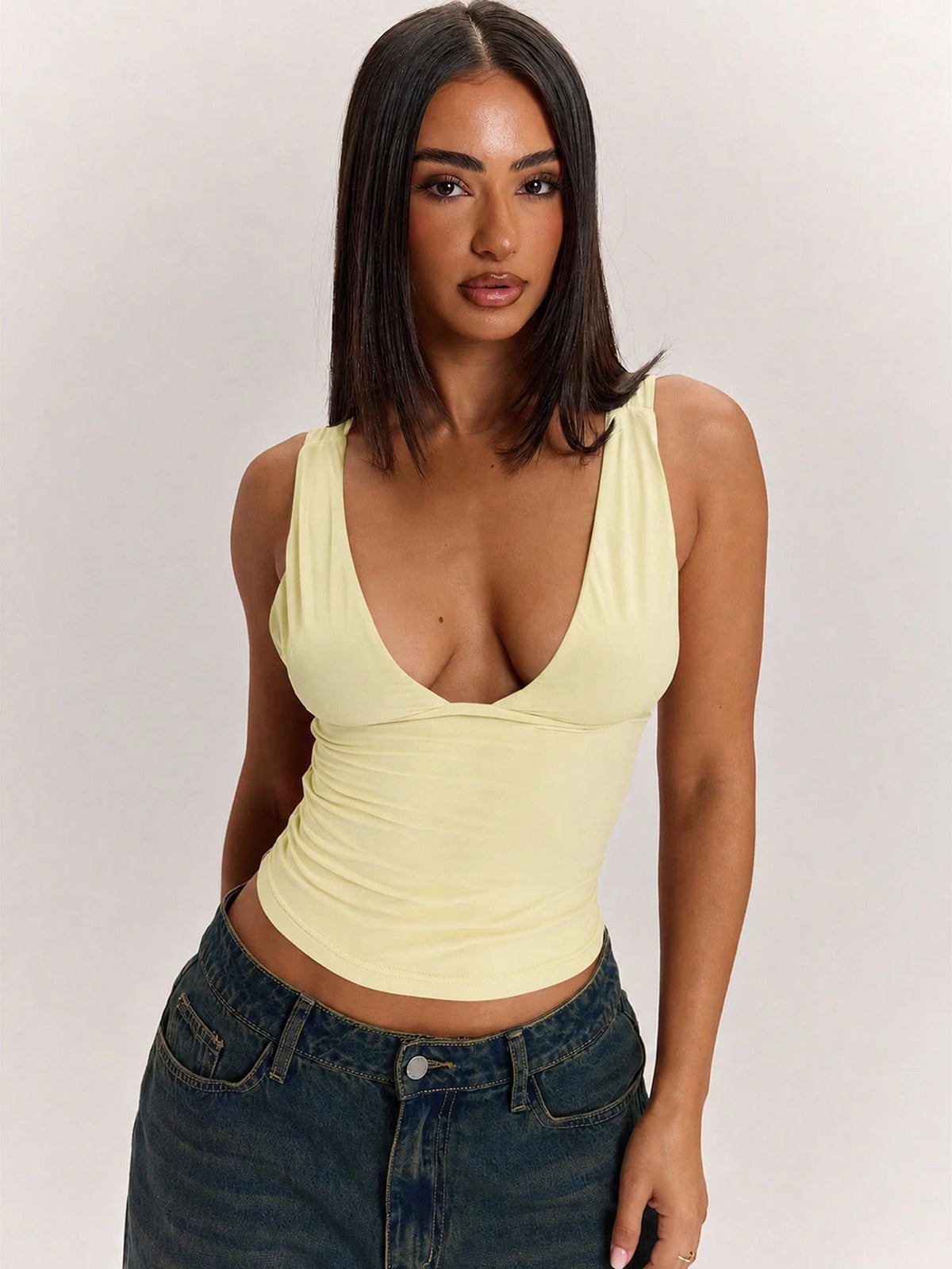 BAE Solid Color V-Neck Fitted Women's Tank Top, Versatile All-Match Style, Wardrobe Essential, Suitable For Office Going Out, Pale Yellow Top, Casual Sexy