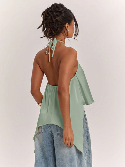 BAE Spring/Summer Women's Casual Vacation Halter Neck Backless Asymmetrical Hem Yellow Solid Satin Tank Top, Suitable For Beach Vacation, Beach Holiday, Sister Casual Vacation, Elegant Tank Top
