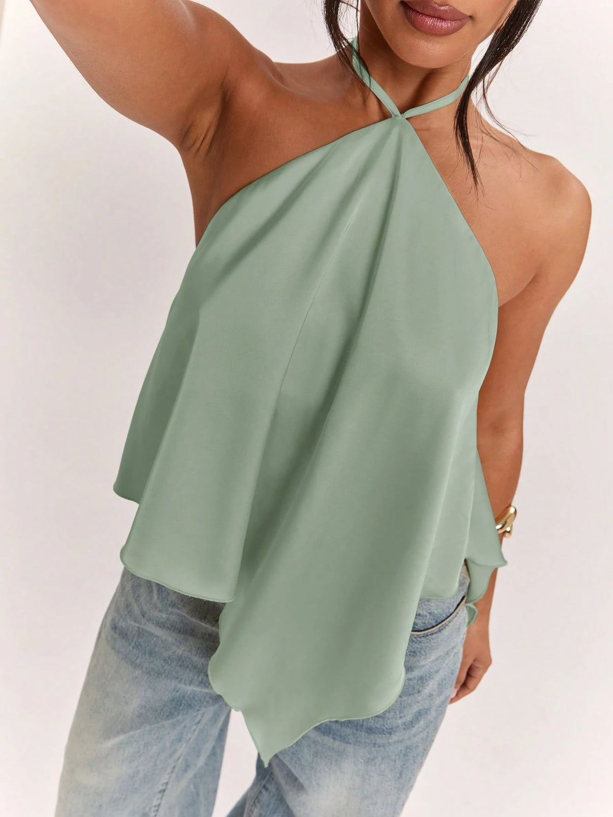 BAE Spring/Summer Women's Casual Vacation Halter Neck Backless Asymmetrical Hem Yellow Solid Satin Tank Top, Suitable For Beach Vacation, Beach Holiday, Sister Casual Vacation, Elegant Tank Top