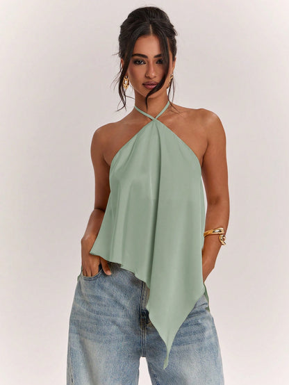 BAE Spring/Summer Women's Casual Vacation Halter Neck Backless Asymmetrical Hem Yellow Solid Satin Tank Top, Suitable For Beach Vacation, Beach Holiday, Sister Casual Vacation, Elegant Tank Top