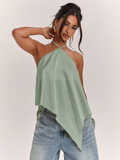 BAE Spring/Summer Women's Casual Vacation Halter Neck Backless Asymmetrical Hem Yellow Solid Satin Tank Top, Suitable For Beach Vacation, Beach Holiday, Sister Casual Vacation, Elegant Tank Top