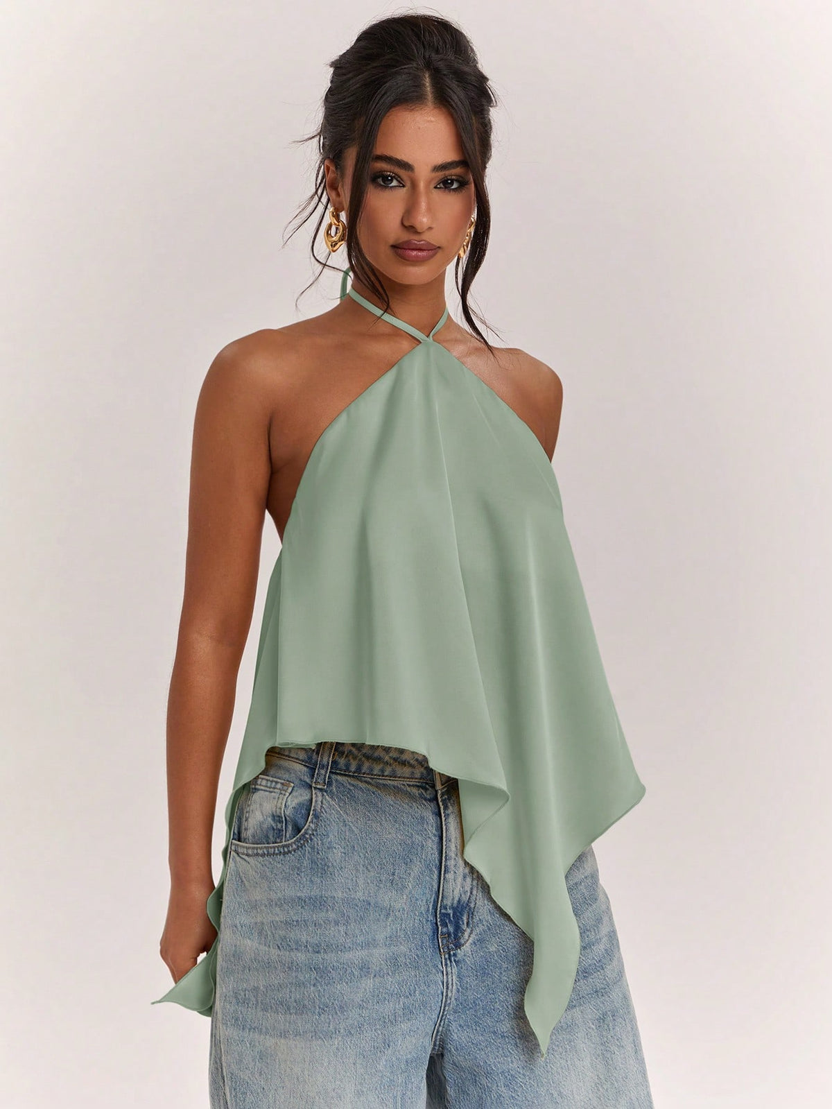 BAE Spring/Summer Women's Casual Vacation Halter Neck Backless Asymmetrical Hem Yellow Solid Satin Tank Top, Suitable For Beach Vacation, Beach Holiday, Sister Casual Vacation, Elegant Tank Top