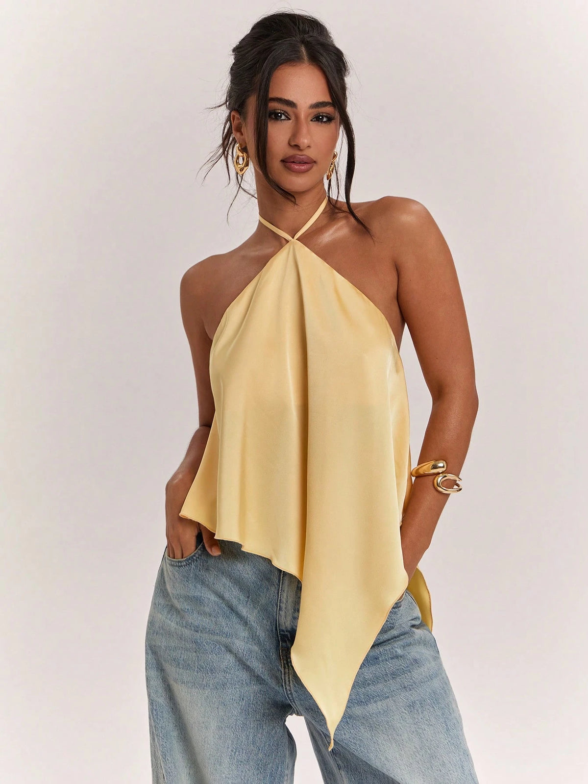 BAE Spring/Summer Women's Casual Vacation Halter Neck Backless Asymmetrical Hem Yellow Solid Satin Tank Top, Suitable For Beach Vacation, Beach Holiday, Sister Casual Vacation, Elegant Tank Top