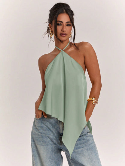 BAE Spring/Summer Women's Casual Vacation Halter Neck Backless Asymmetrical Hem Yellow Solid Satin Tank Top, Suitable For Beach Vacation, Beach Holiday, Sister Casual Vacation, Elegant Tank Top