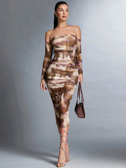 BAE Tie-dye Pleated Off Shoulder Dress