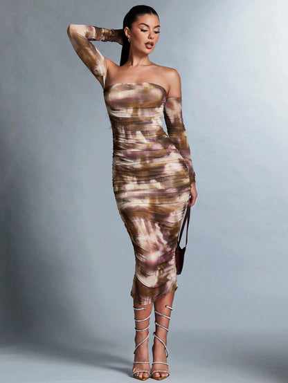 BAE Tie-dye Pleated Off Shoulder Dress