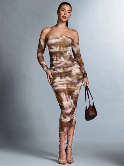 BAE Tie-dye Pleated Off Shoulder Dress