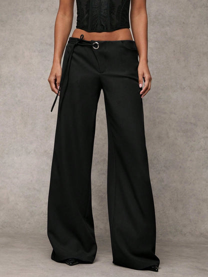 BAE Women's Casual Plain Grey Wide-Leg Relaxed Fit Trousers With Drawstring & Mesh Panel Decoration, Versatile For Everyday Wear & Commute,Business Woman