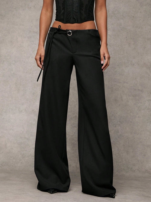 BAE Women's Casual Plain Grey Wide-Leg Relaxed Fit Trousers With Drawstring & Mesh Panel Decoration, Versatile For Everyday Wear & Commute,Business Woman