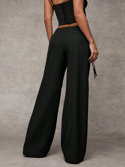 BAE Women's Casual Plain Grey Wide-Leg Relaxed Fit Trousers With Drawstring & Mesh Panel Decoration, Versatile For Everyday Wear & Commute,Business Woman