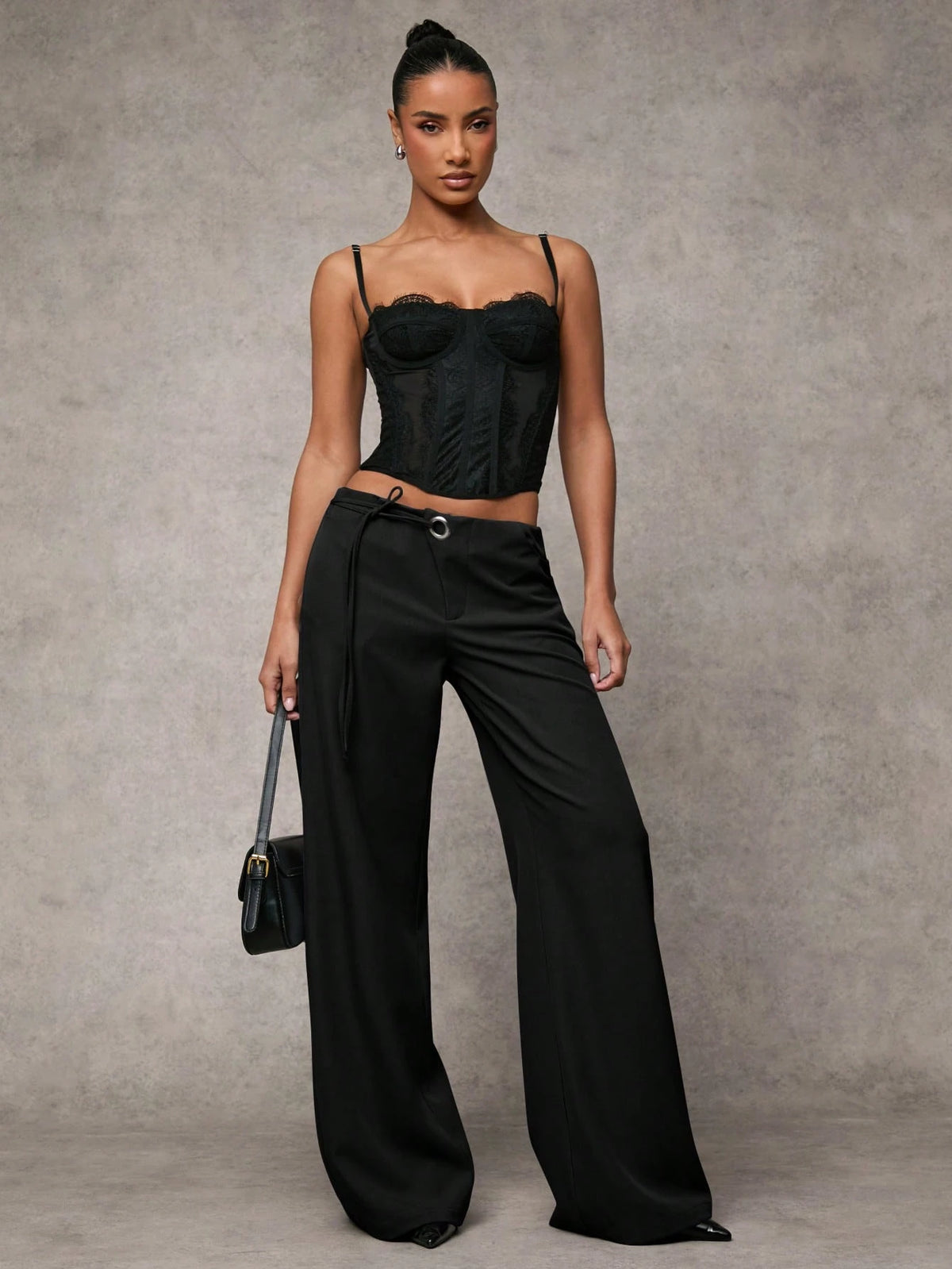 BAE Women's Casual Plain Grey Wide-Leg Relaxed Fit Trousers With Drawstring & Mesh Panel Decoration, Versatile For Everyday Wear & Commute,Business Woman