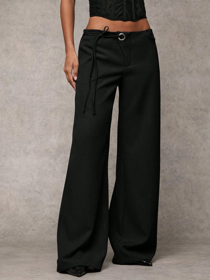 BAE Women's Casual Plain Grey Wide-Leg Relaxed Fit Trousers With Drawstring & Mesh Panel Decoration, Versatile For Everyday Wear & Commute,Business Woman