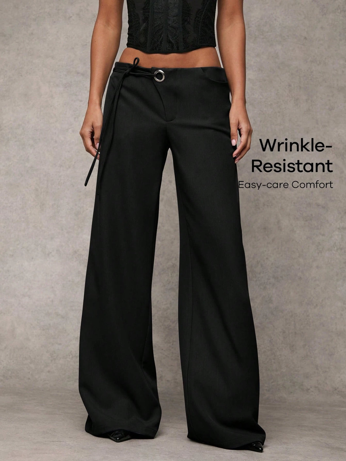 BAE Women's Casual Plain Grey Wide-Leg Relaxed Fit Trousers With Drawstring & Mesh Panel Decoration, Versatile For Everyday Wear & Commute,Business Woman