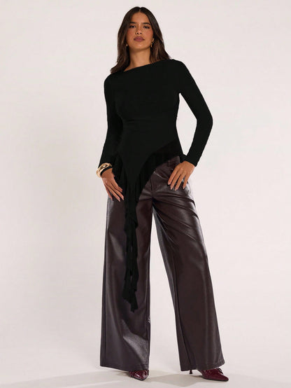 BAE Women's Casual Solid Color Asymmetrical Hem Flowy Top