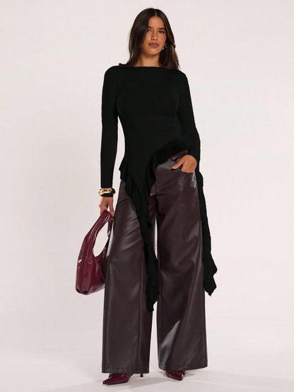 BAE Women's Casual Solid Color Asymmetrical Hem Flowy Top