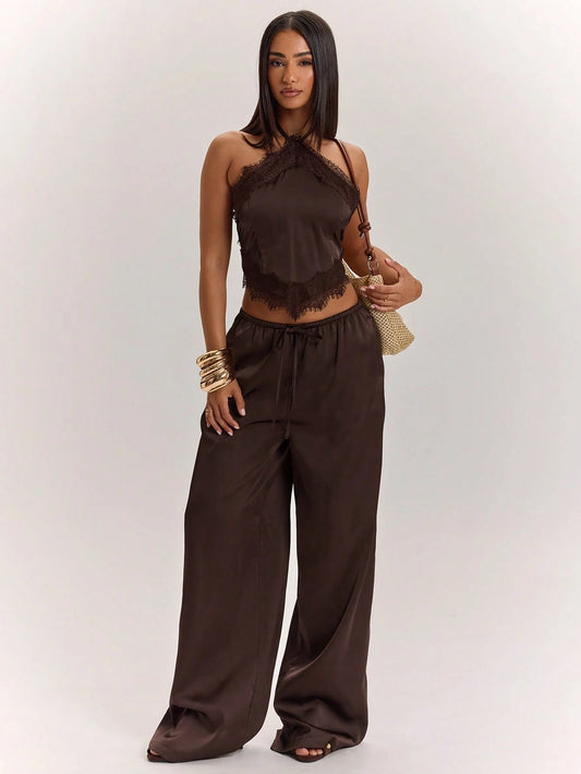 BAE Women's Elegant Satin Lace Halter Top And Wide Leg Pants Set,Dark Brown Summer Night Out Outfits,Vintage Low Waist Pocket Resort Vacation Set