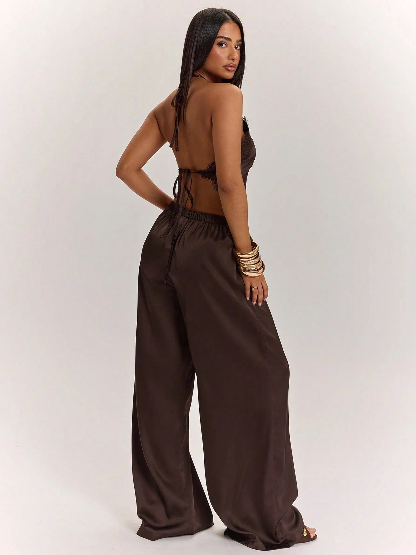 BAE Women's Elegant Satin Lace Halter Top And Wide Leg Pants Set,Dark Brown Summer Night Out Outfits,Vintage Low Waist Pocket Resort Vacation Set