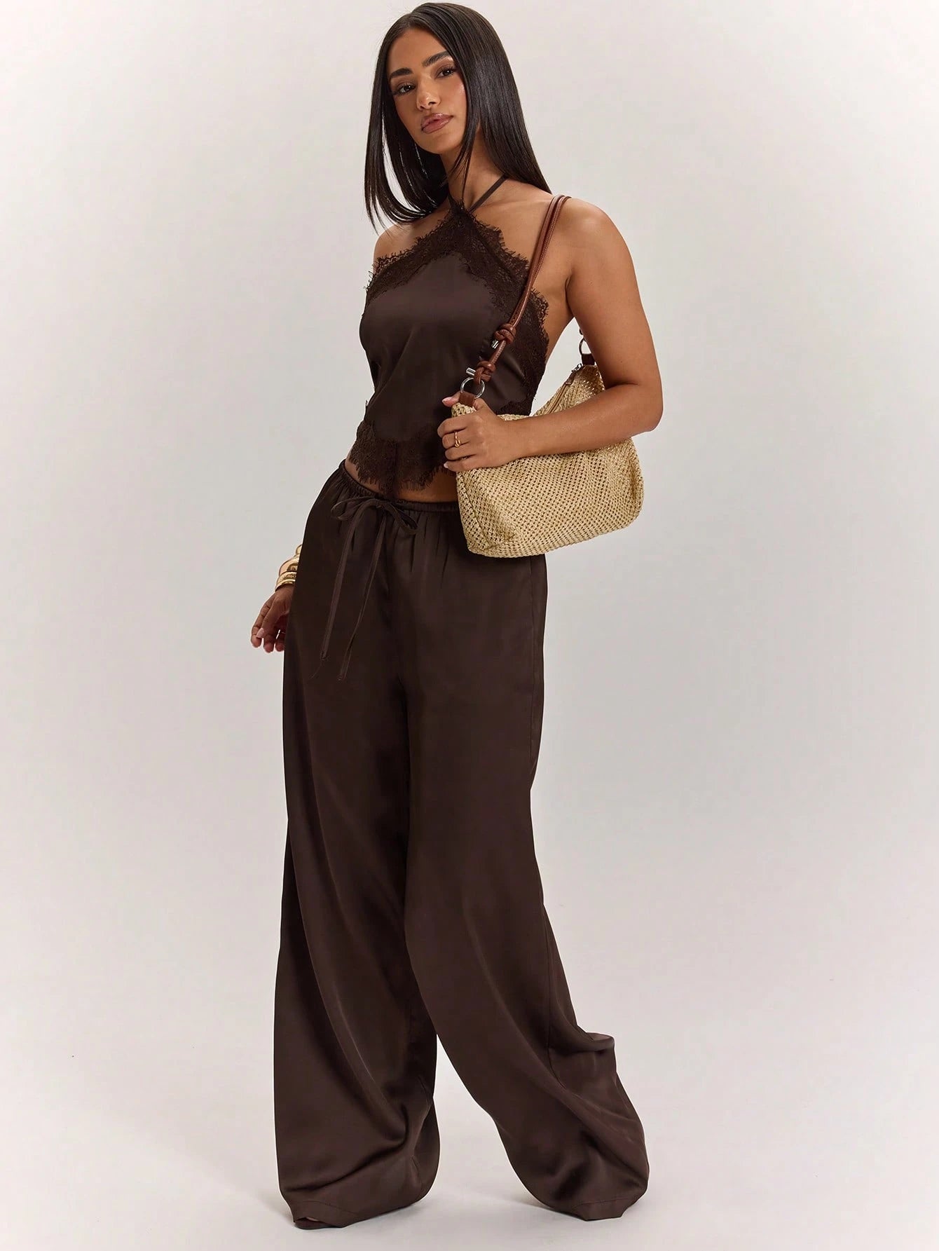 BAE Women's Elegant Satin Lace Halter Top And Wide Leg Pants Set,Dark Brown Summer Night Out Outfits,Vintage Low Waist Pocket Resort Vacation Set