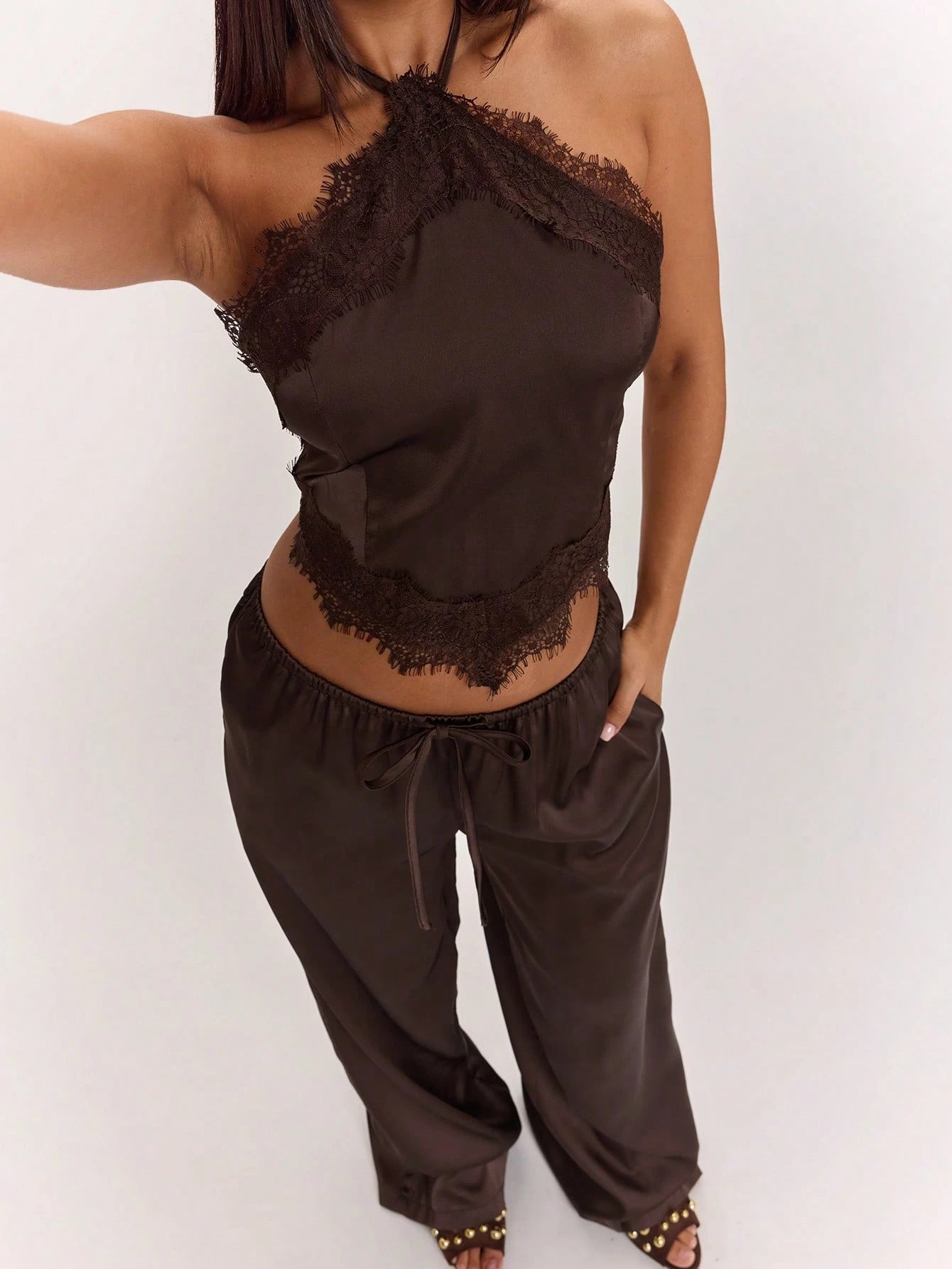 BAE Women's Elegant Satin Lace Halter Top And Wide Leg Pants Set,Dark Brown Summer Night Out Outfits,Vintage Low Waist Pocket Resort Vacation Set