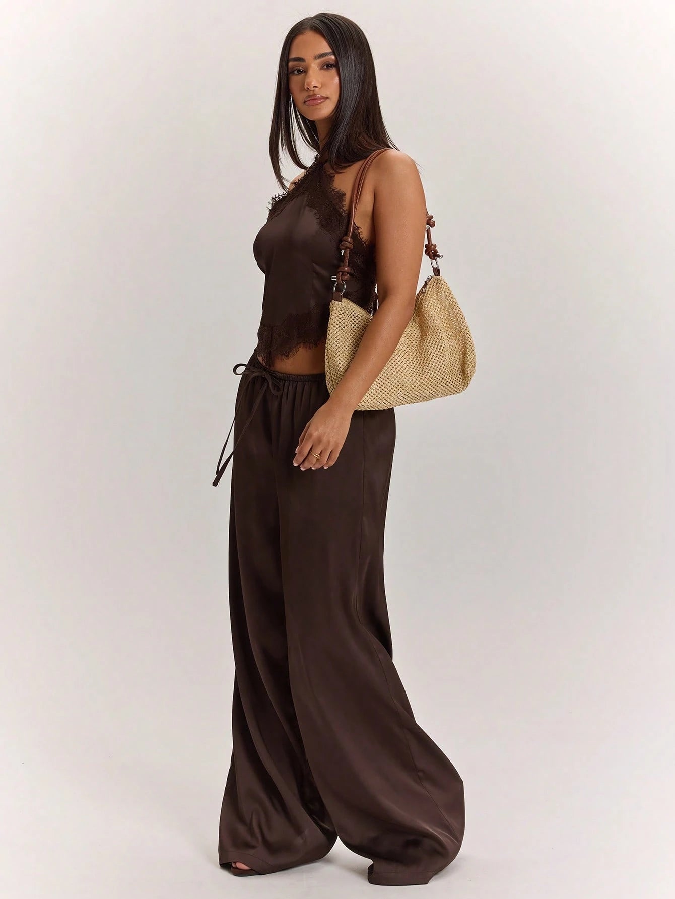 BAE Women's Elegant Satin Lace Halter Top And Wide Leg Pants Set,Dark Brown Summer Night Out Outfits,Vintage Low Waist Pocket Resort Vacation Set