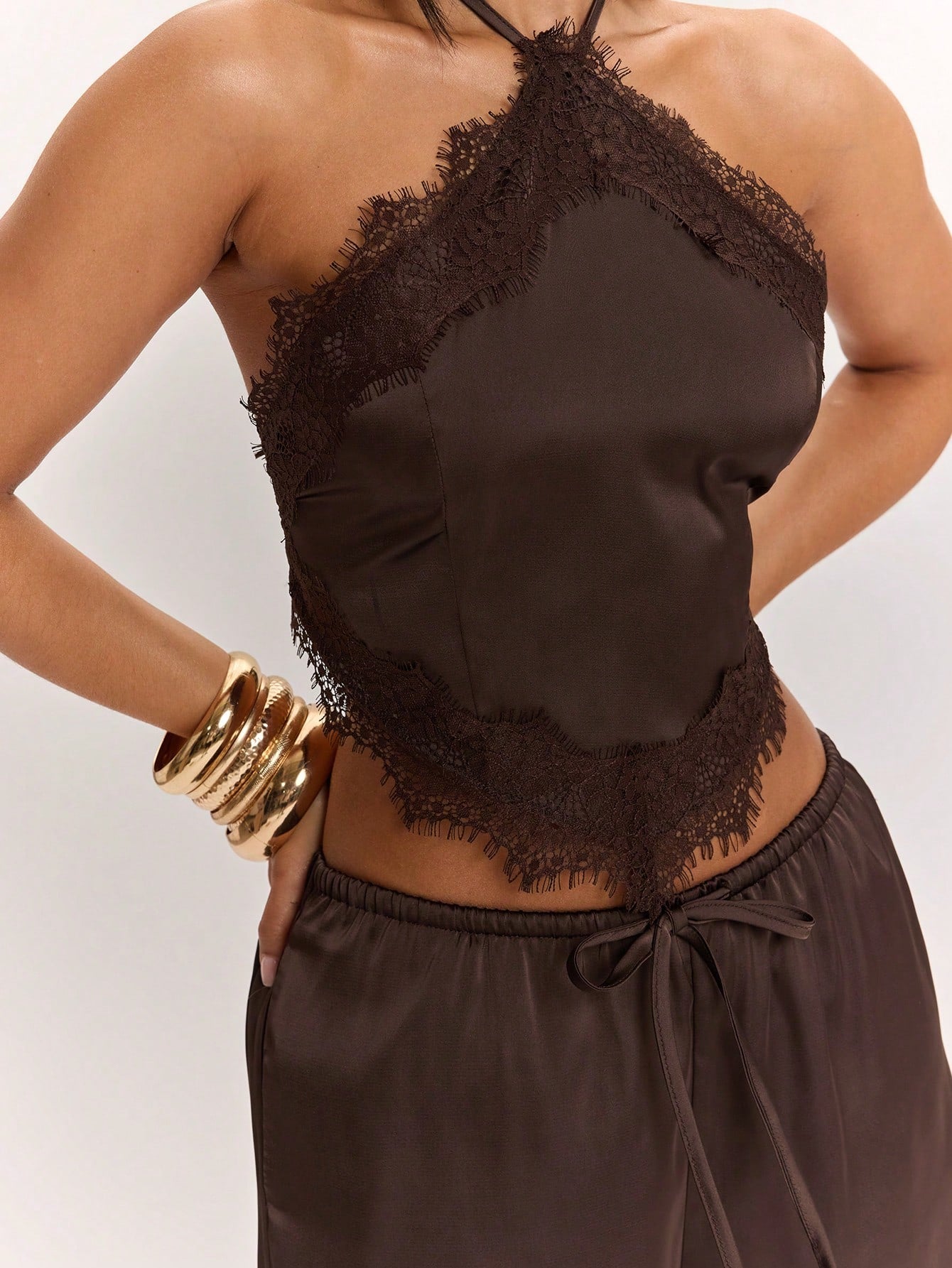 BAE Women's Elegant Satin Lace Halter Top And Wide Leg Pants Set,Dark Brown Summer Night Out Outfits,Vintage Low Waist Pocket Resort Vacation Set