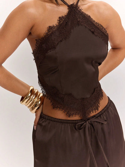 BAE Women's Elegant Satin Lace Halter Top And Wide Leg Pants Set,Dark Brown Summer Night Out Outfits,Vintage Low Waist Pocket Resort Vacation Set