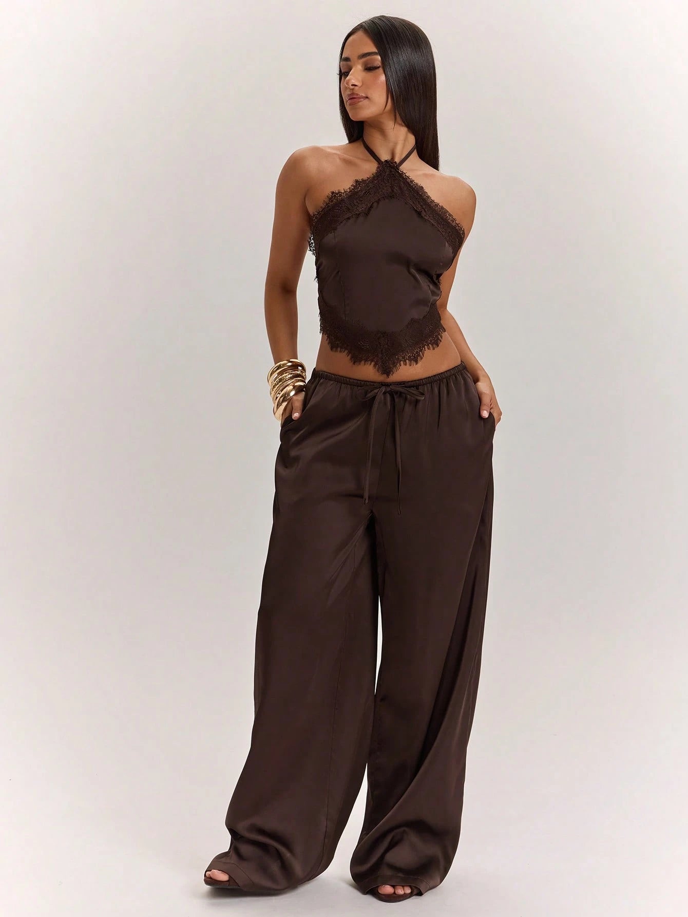 BAE Women's Elegant Satin Lace Halter Top And Wide Leg Pants Set,Dark Brown Summer Night Out Outfits,Vintage Low Waist Pocket Resort Vacation Set