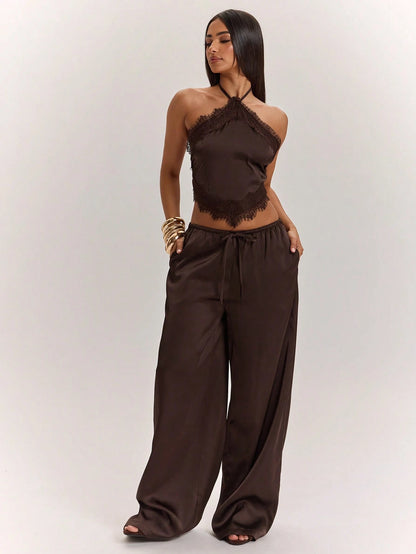 BAE Women's Elegant Satin Lace Halter Top And Wide Leg Pants Set,Dark Brown Summer Night Out Outfits,Vintage Low Waist Pocket Resort Vacation Set