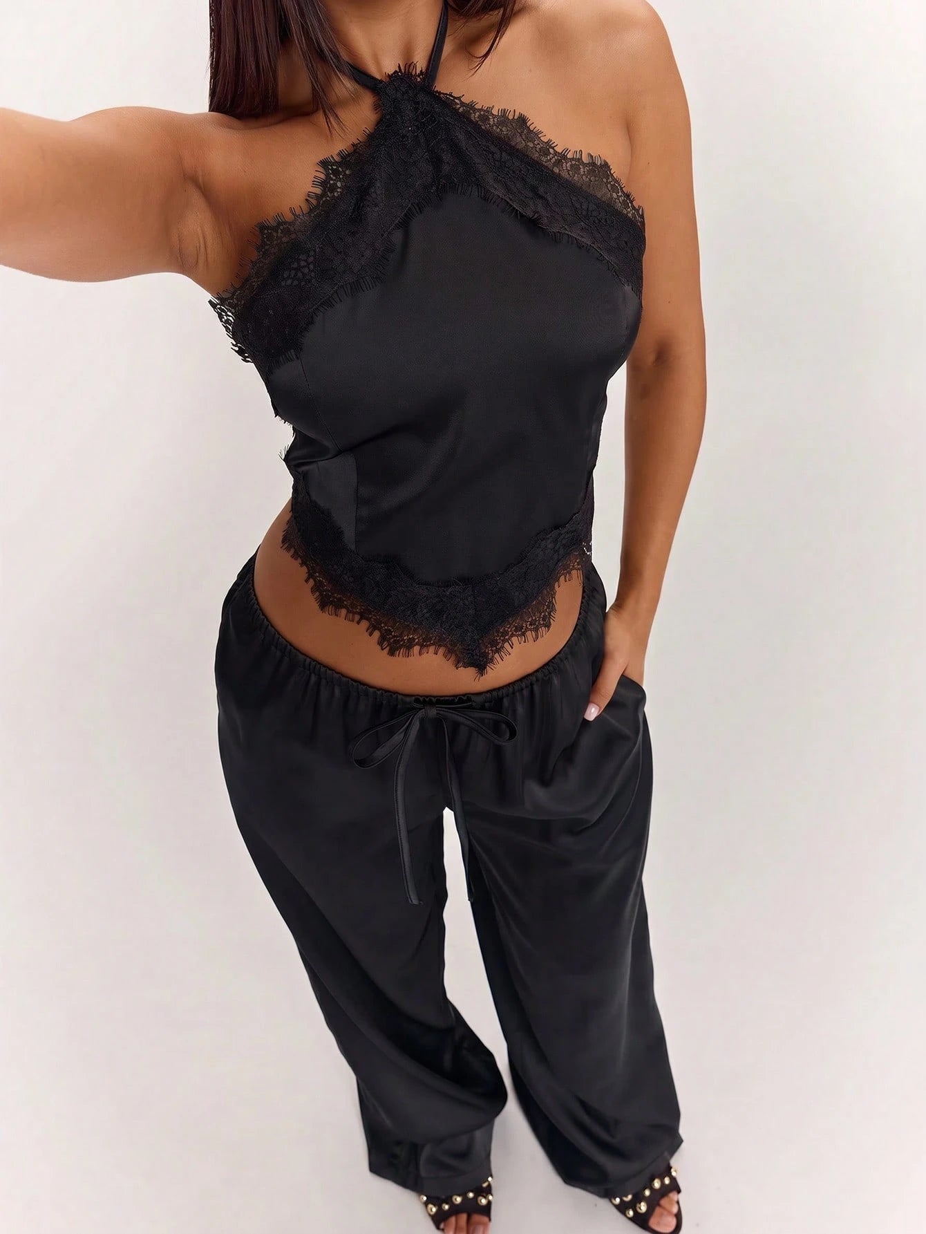 BAE Women's Elegant Satin Lace Halter Top And Wide Leg Pants Set,Dark Brown Summer Night Out Outfits,Vintage Low Waist Pocket Resort Vacation Set