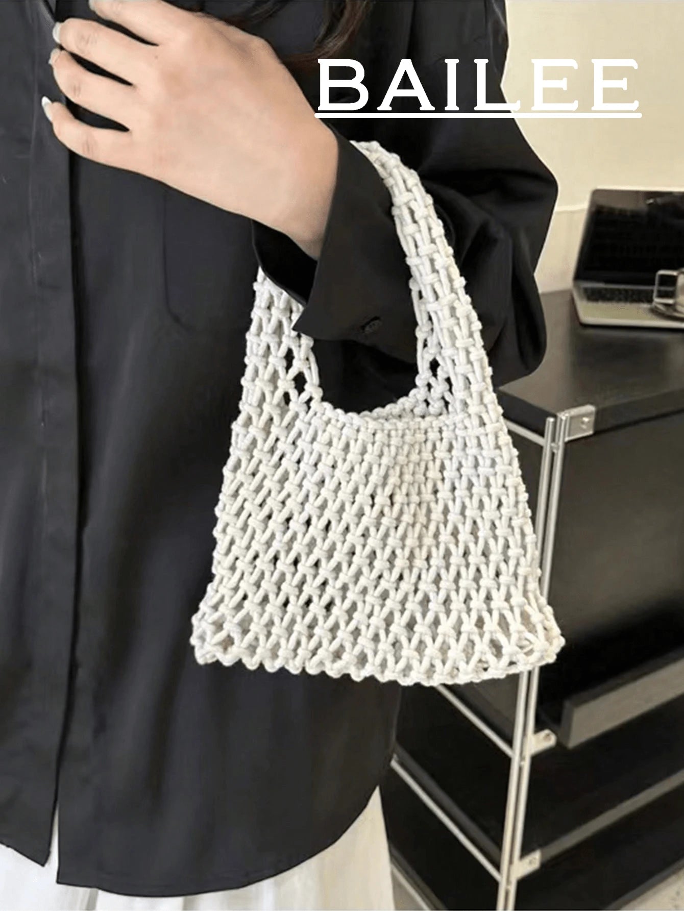 BAILEE Fashionable Colorful Polyester Yarn Hand-Woven Pattern Handbag With Ocean Charm, Suitable For Vacation