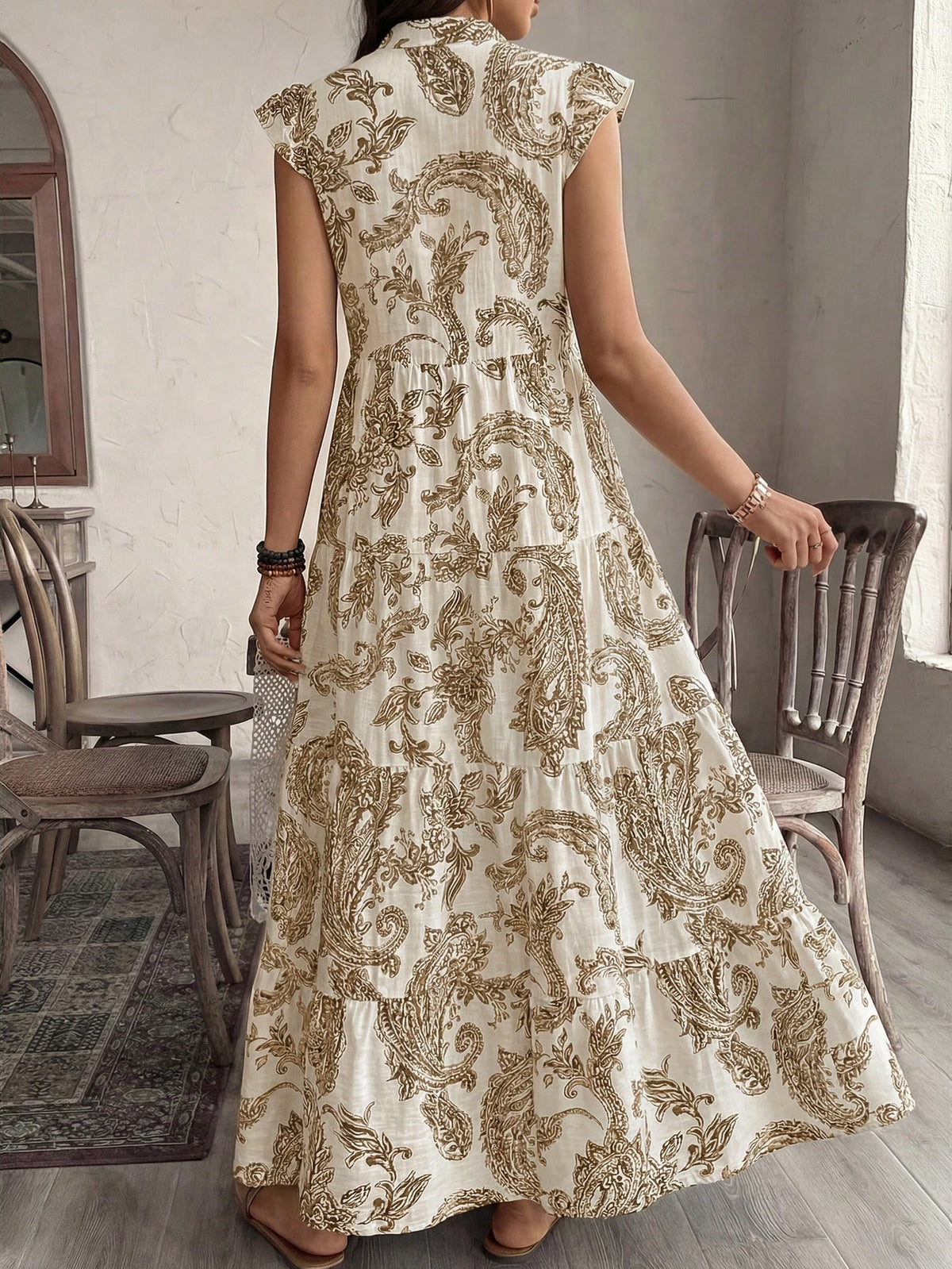 Balvessa Women's Bohemian Vacation Cashew Floral Print Cap Sleeve Elegant Dress, Suitable For Dates