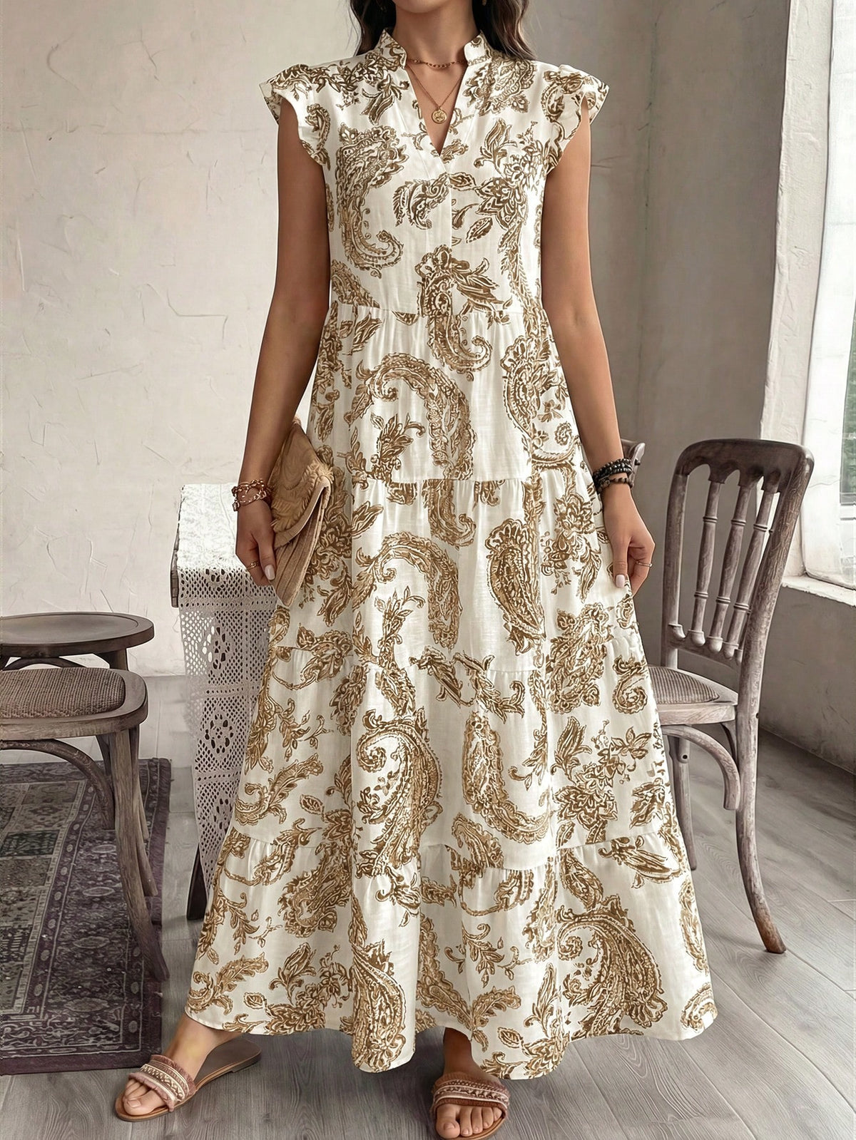 Balvessa Women's Bohemian Vacation Cashew Floral Print Cap Sleeve Elegant Dress, Suitable For Dates