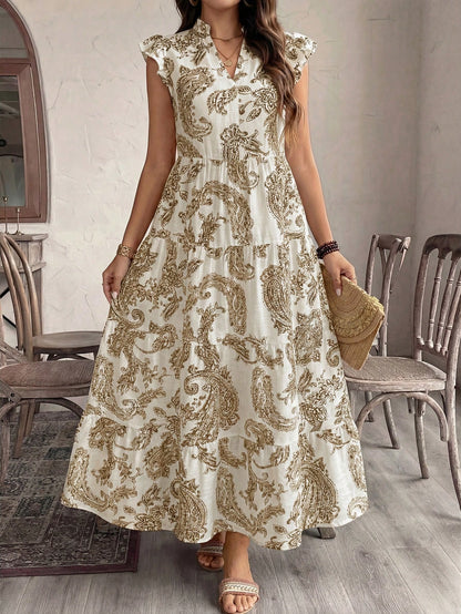 Balvessa Women's Bohemian Vacation Cashew Floral Print Cap Sleeve Elegant Dress, Suitable For Dates