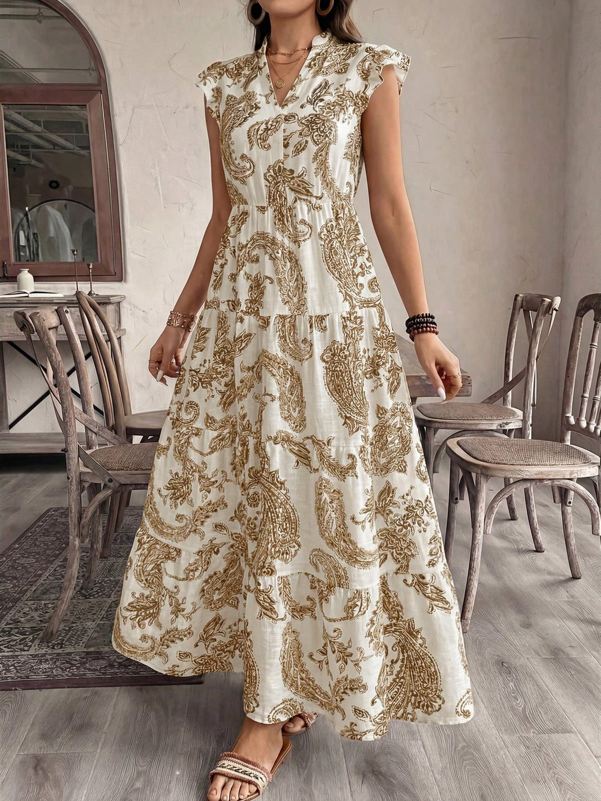 Balvessa Women's Bohemian Vacation Cashew Floral Print Cap Sleeve Elegant Dress, Suitable For Dates