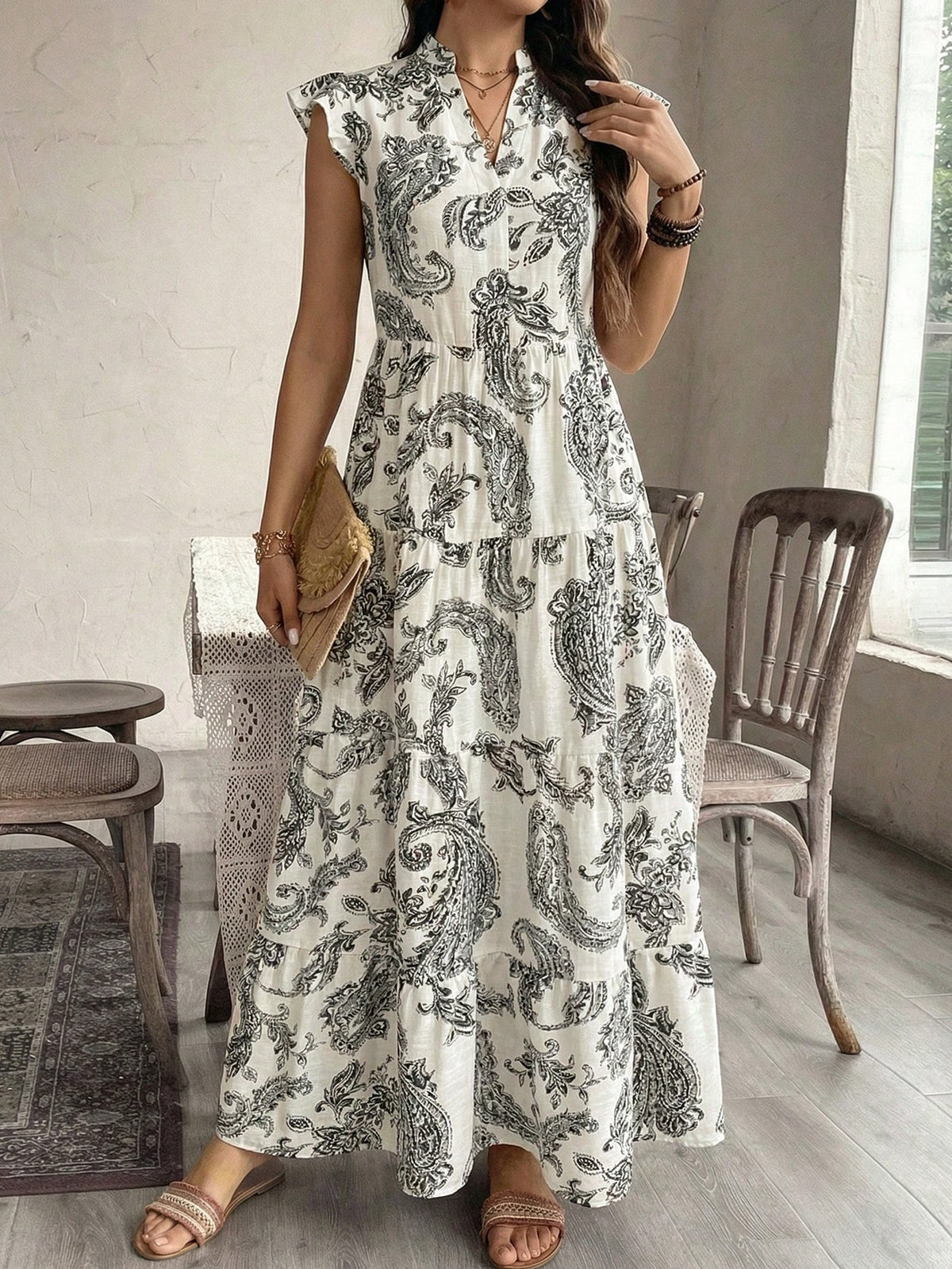 Balvessa Women's Bohemian Vacation Cashew Floral Print Cap Sleeve Elegant Dress, Suitable For Dates