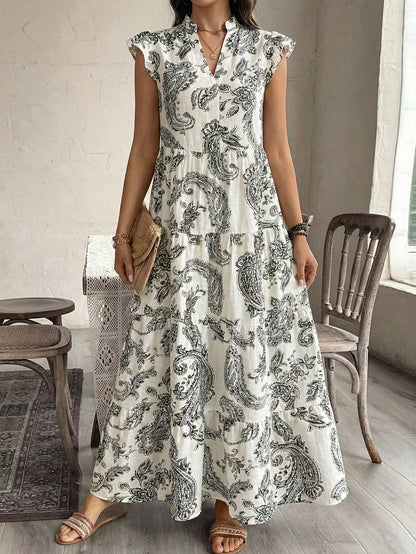 Balvessa Women's Bohemian Vacation Cashew Floral Print Cap Sleeve Elegant Dress, Suitable For Dates