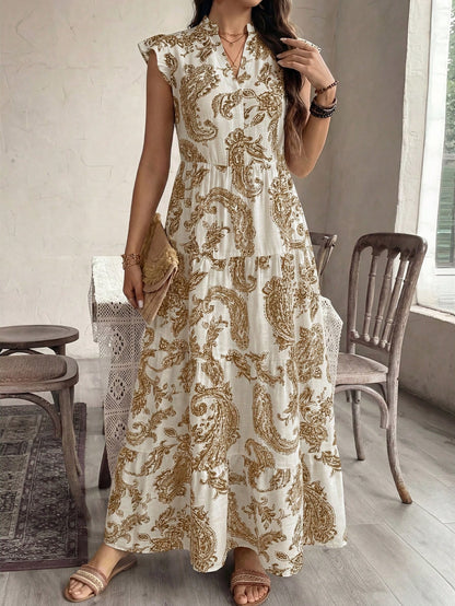 Balvessa Women's Bohemian Vacation Cashew Floral Print Cap Sleeve Elegant Dress, Suitable For Dates