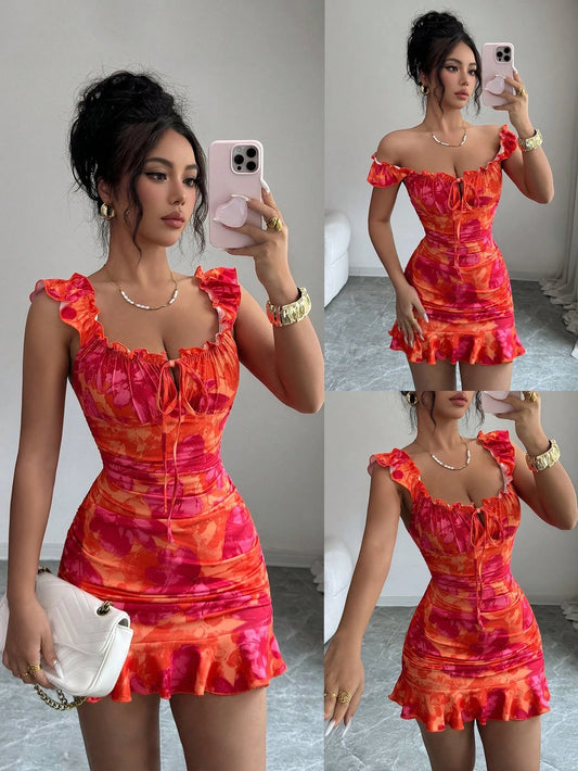 BamGleam Summer Casual Floral Print Ruffle Hem Mini Dress
