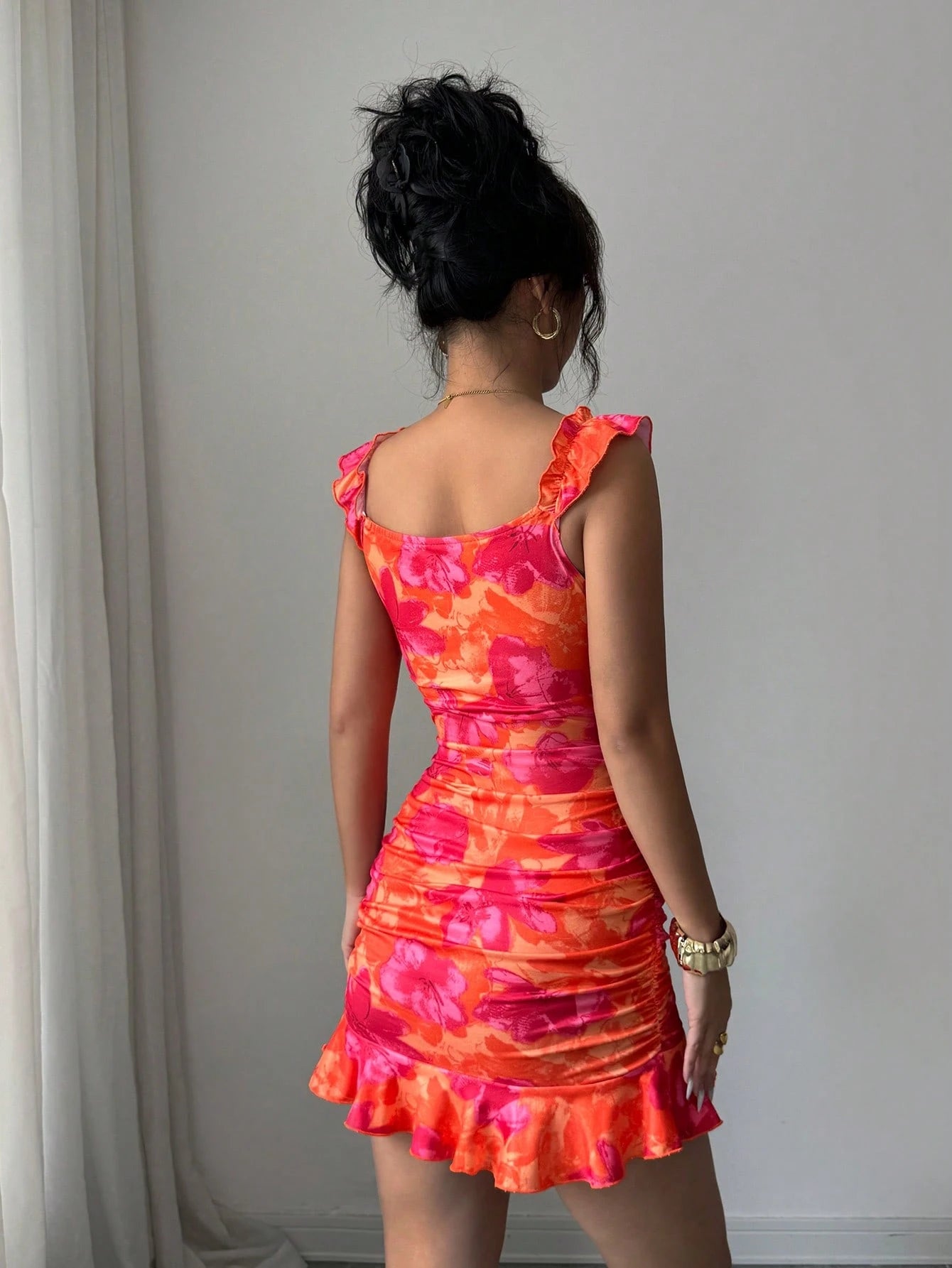 BamGleam Summer Casual Floral Print Ruffle Hem Mini Dress