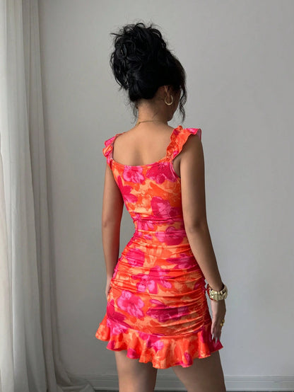 BamGleam Summer Casual Floral Print Ruffle Hem Mini Dress