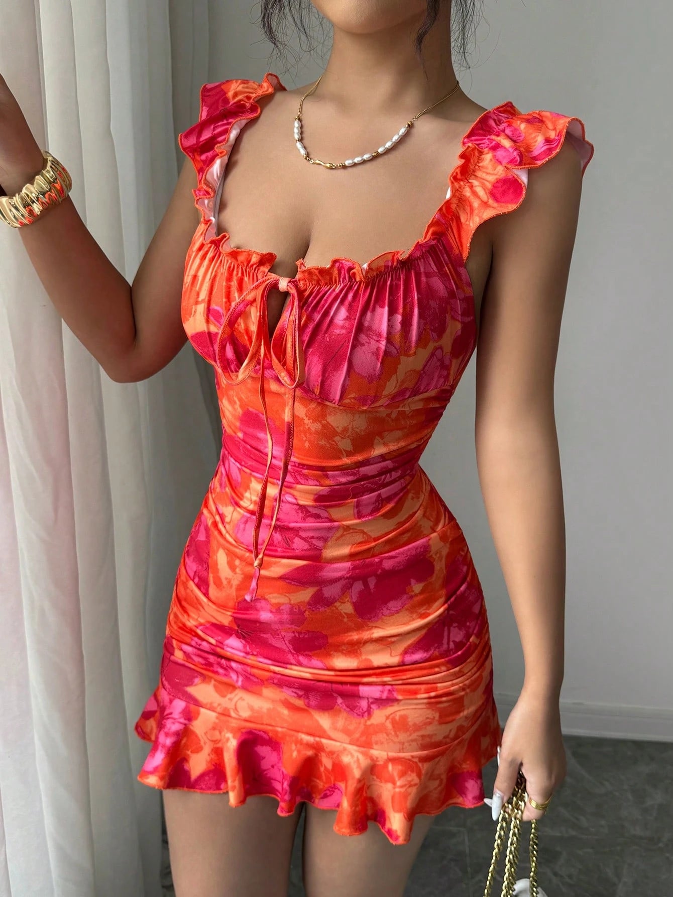 BamGleam Summer Casual Floral Print Ruffle Hem Mini Dress