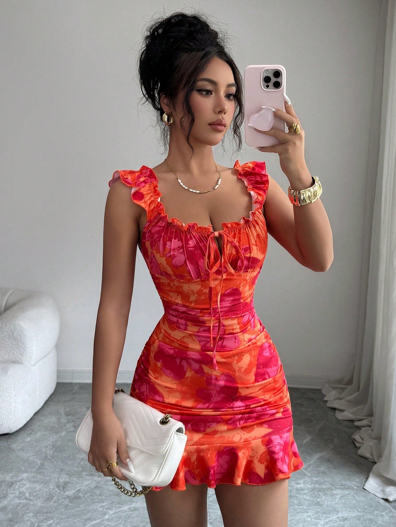 BamGleam Summer Casual Floral Print Ruffle Hem Mini Dress