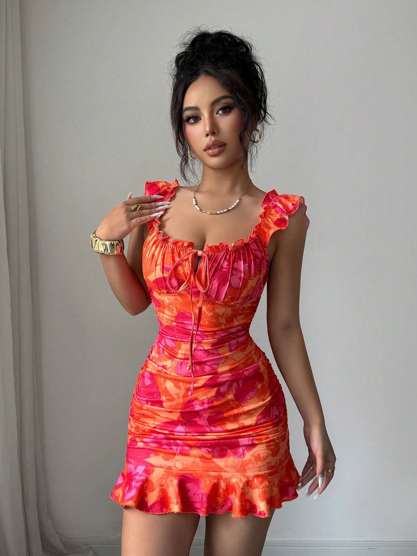 BamGleam Summer Casual Floral Print Ruffle Hem Mini Dress